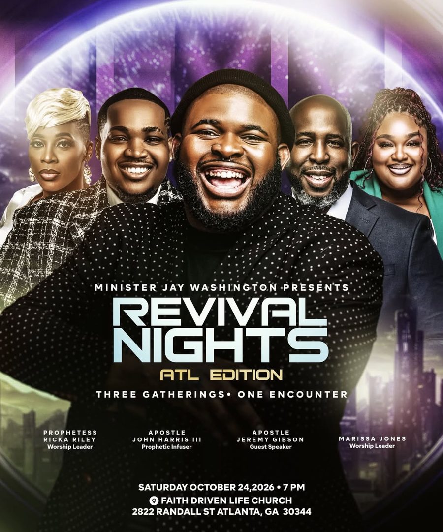 Revival Nights ATL Edition flyer: Minister Jay Washington presents, with Prophetess Ricka Riley, Apostle John Harris III, Apostle Jeremy Gibson and Marissa Jones